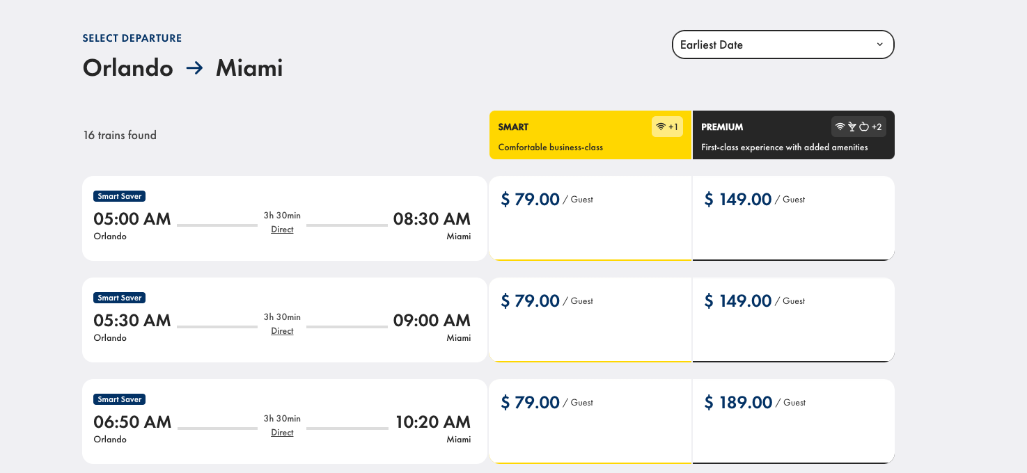 screenshot of website with ticket times and info
